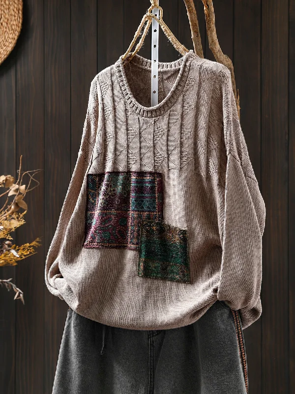 Babakud Women Autumn Vintage Patchwork Loose Cotton Knitted Sweater