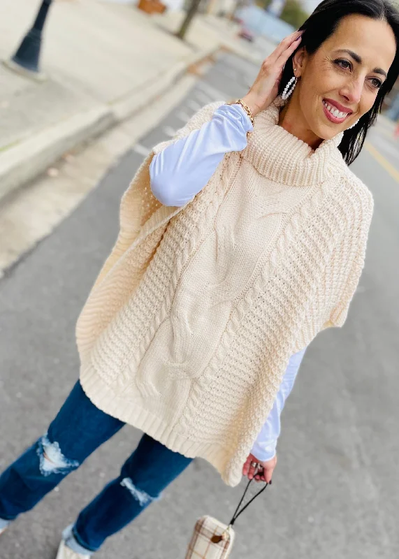 Cable-Knit Turtleneck Slit Sweater