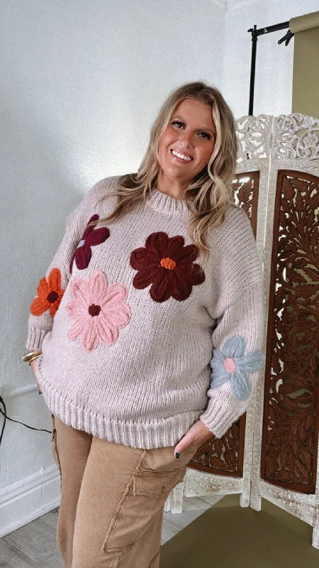 Floral Envy Knit Sweater, Tan