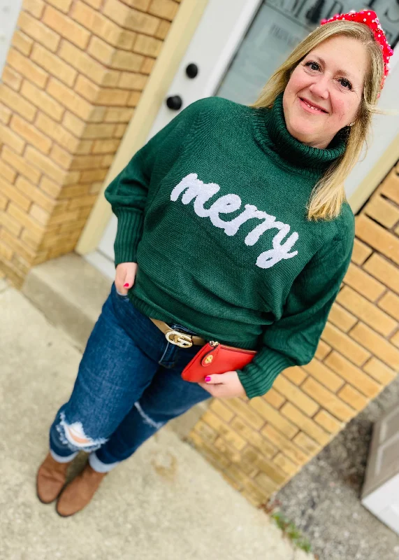 Green - Merry Letter Embroidered High Neck Sweater