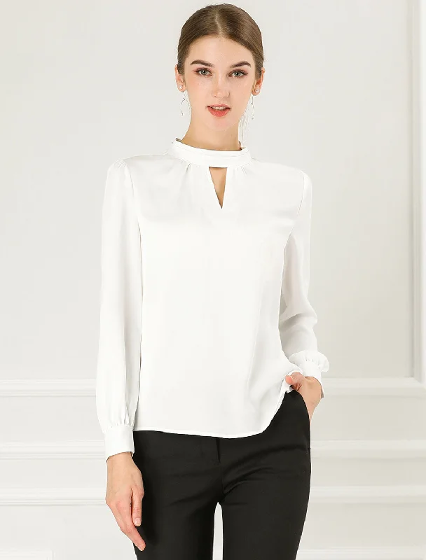 Keyhole Elegant Stand Collar Long Sleeve Chiffon Office Blouse