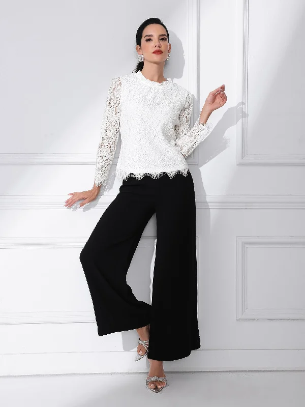 Lace Long Sleeve Ruffle Stand Neck Floral Blouse