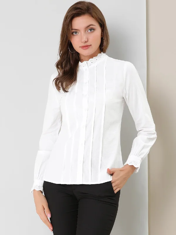 Mock Neck Lace Trim Pleated Button Down Work Office Blouse Shirt