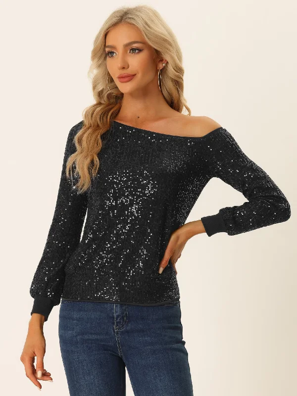 Off Shoulder Sequins Tops Disco Party Sparkly Glitter Top