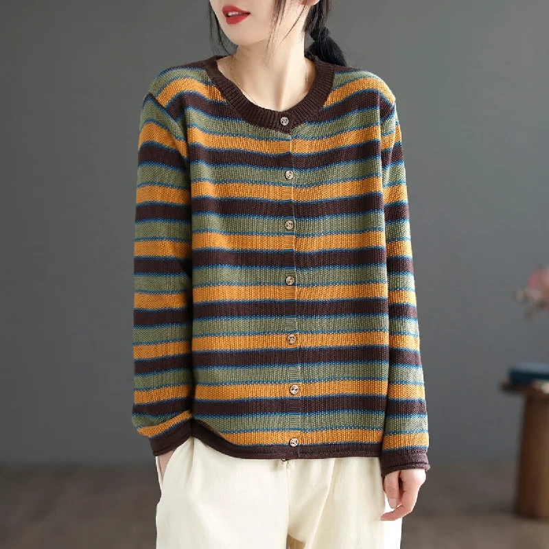 Women Spring Casual Stripe Cotton Knitted Sweater