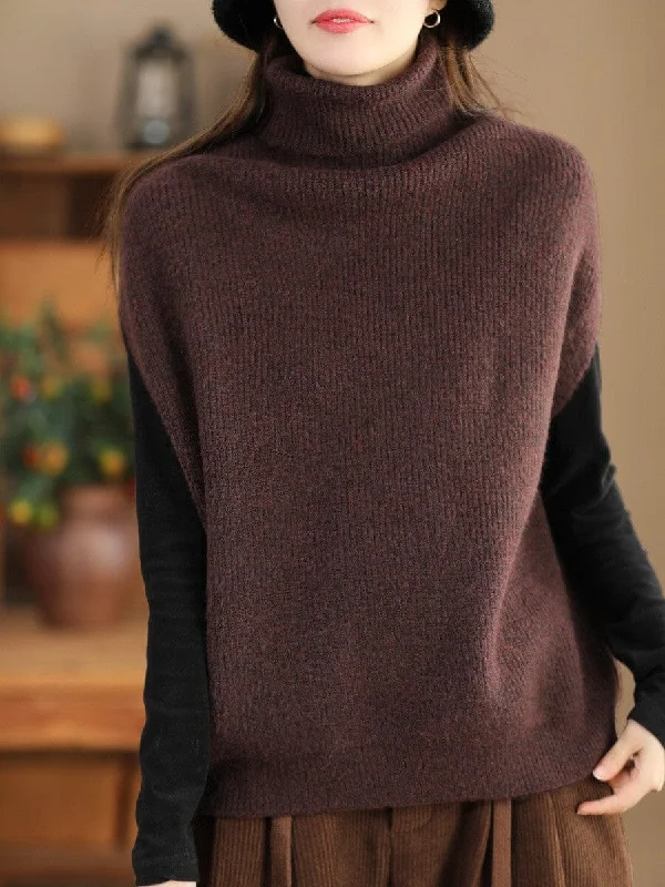 Women Spring Minimalist Knitted Turtleneck Sleeveless Sweaters