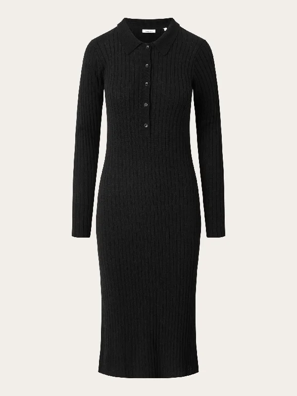 Long sleeved polo rib dress - Tencel™ - Black Jet