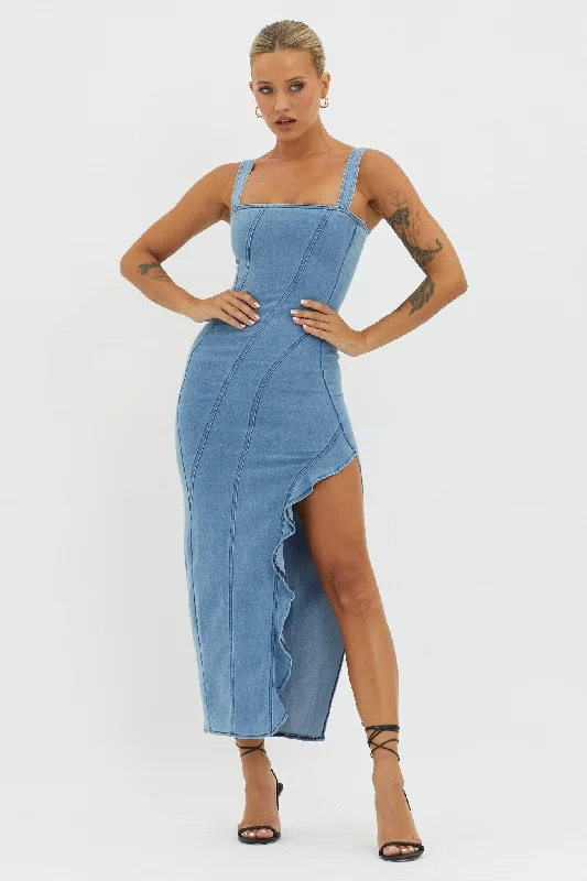 Catriona Ruffle Split Midi Dress Denim