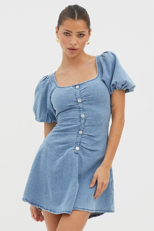 New Heights Puff Sleeve Mini Dress Denim Blue